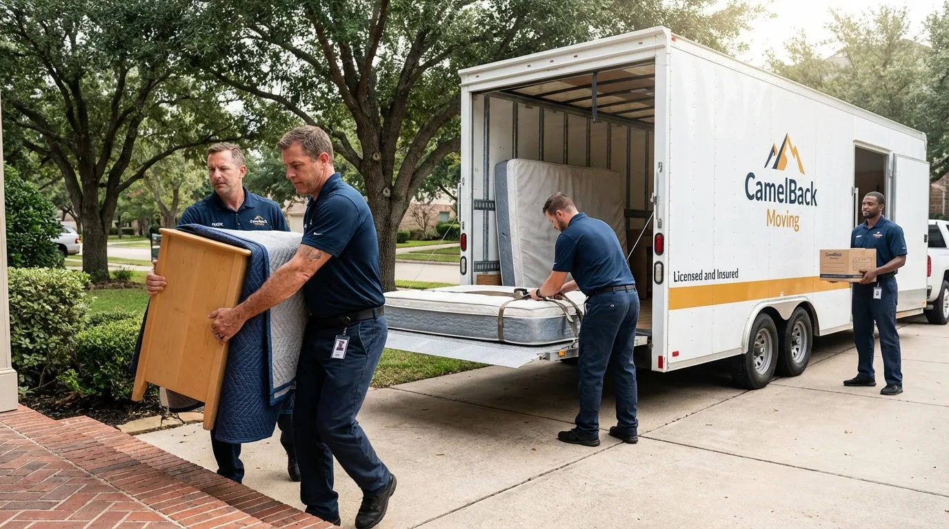 Crew loading residential truck for cross-state move from Banning, CA