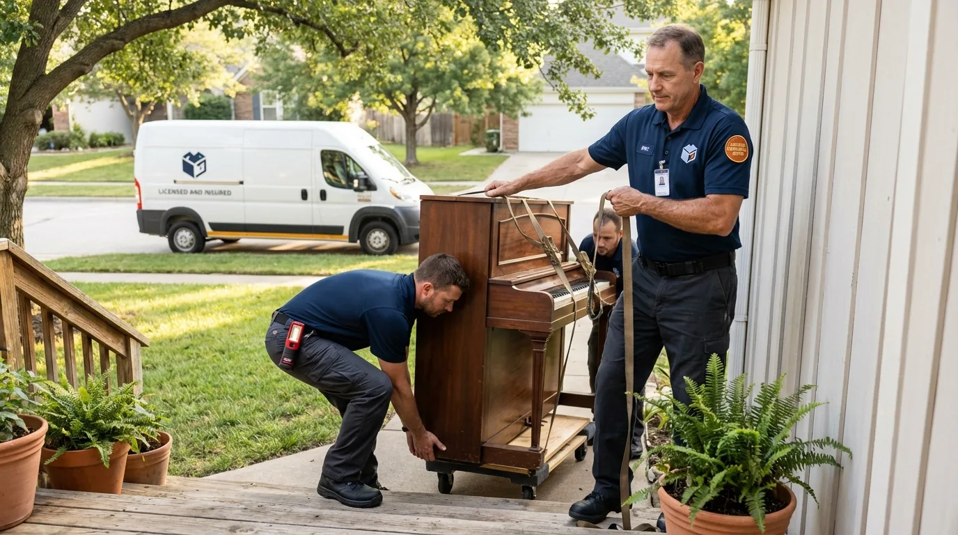 Licensed piano movers securing grand piano in Banning, CA