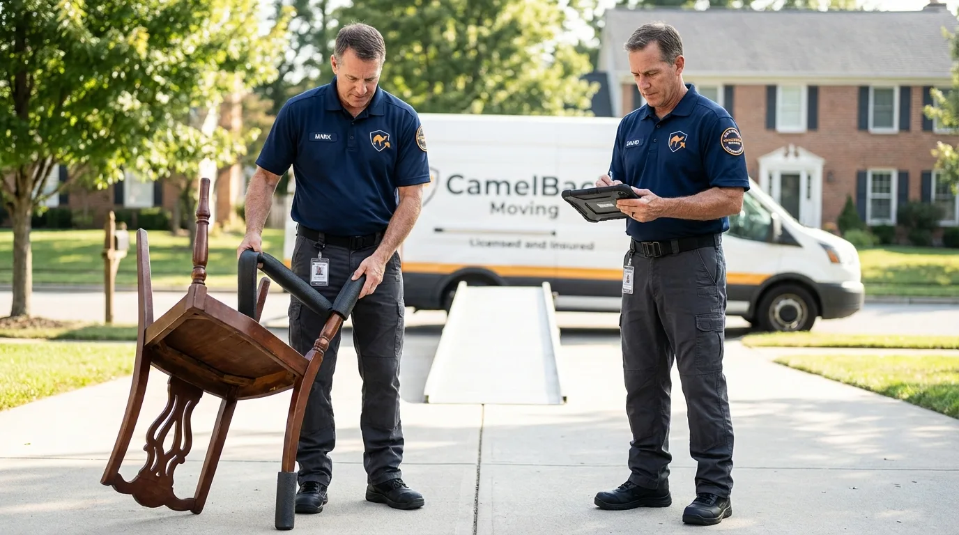 Movers inspecting furniture for damage prevention before loading in Banning, CA
