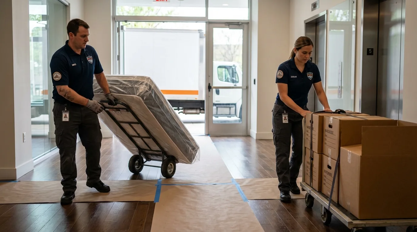 Professional apartment movers loading elevator in Banning, CA